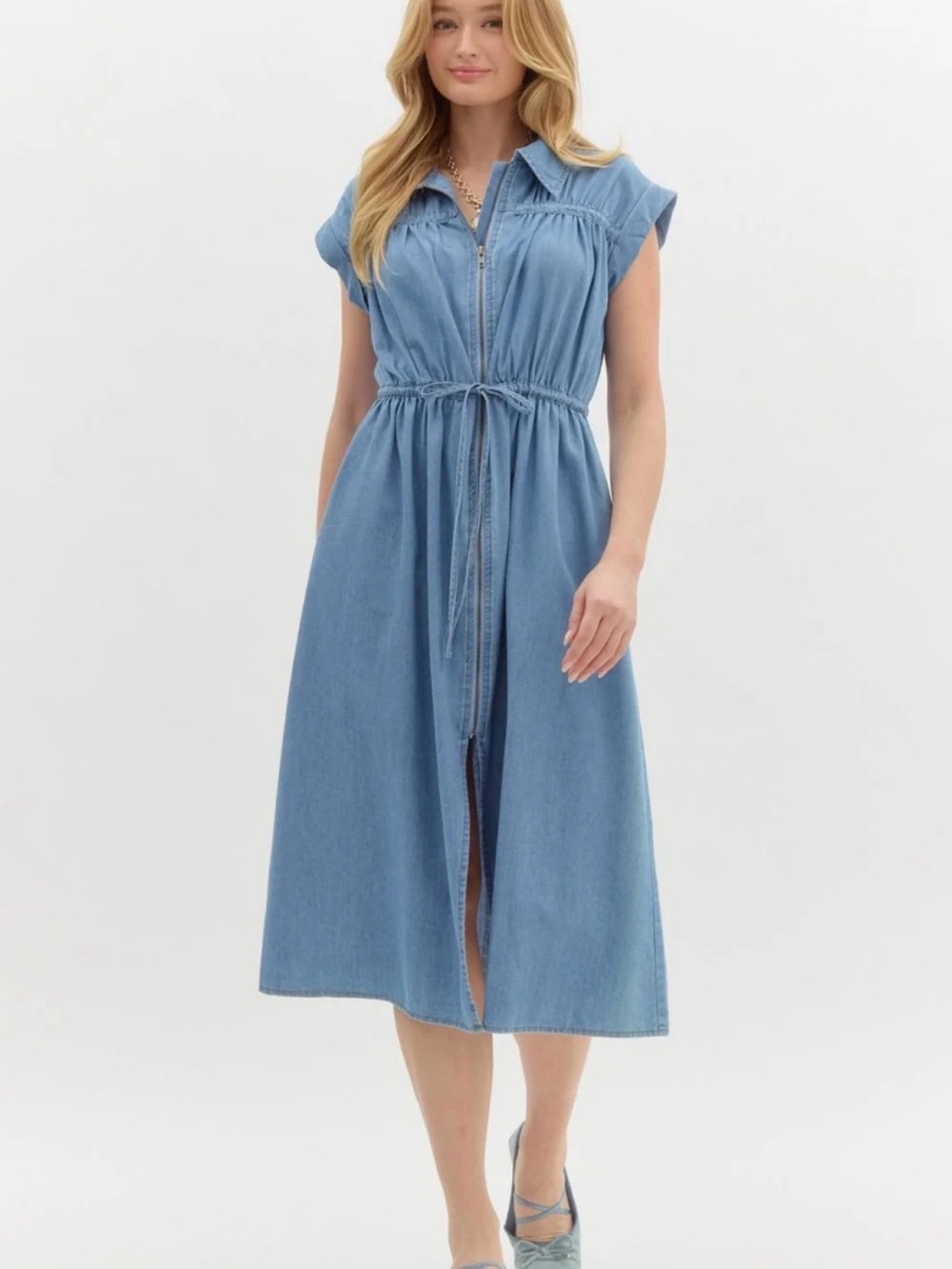 entro Light Blue Denim Midi Dress with Drawstring Waist